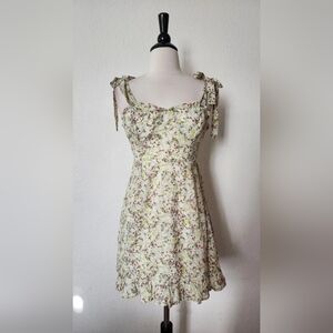 Floral Tie-Shoulder Summer Dress - Cream with Pink & Green Floral